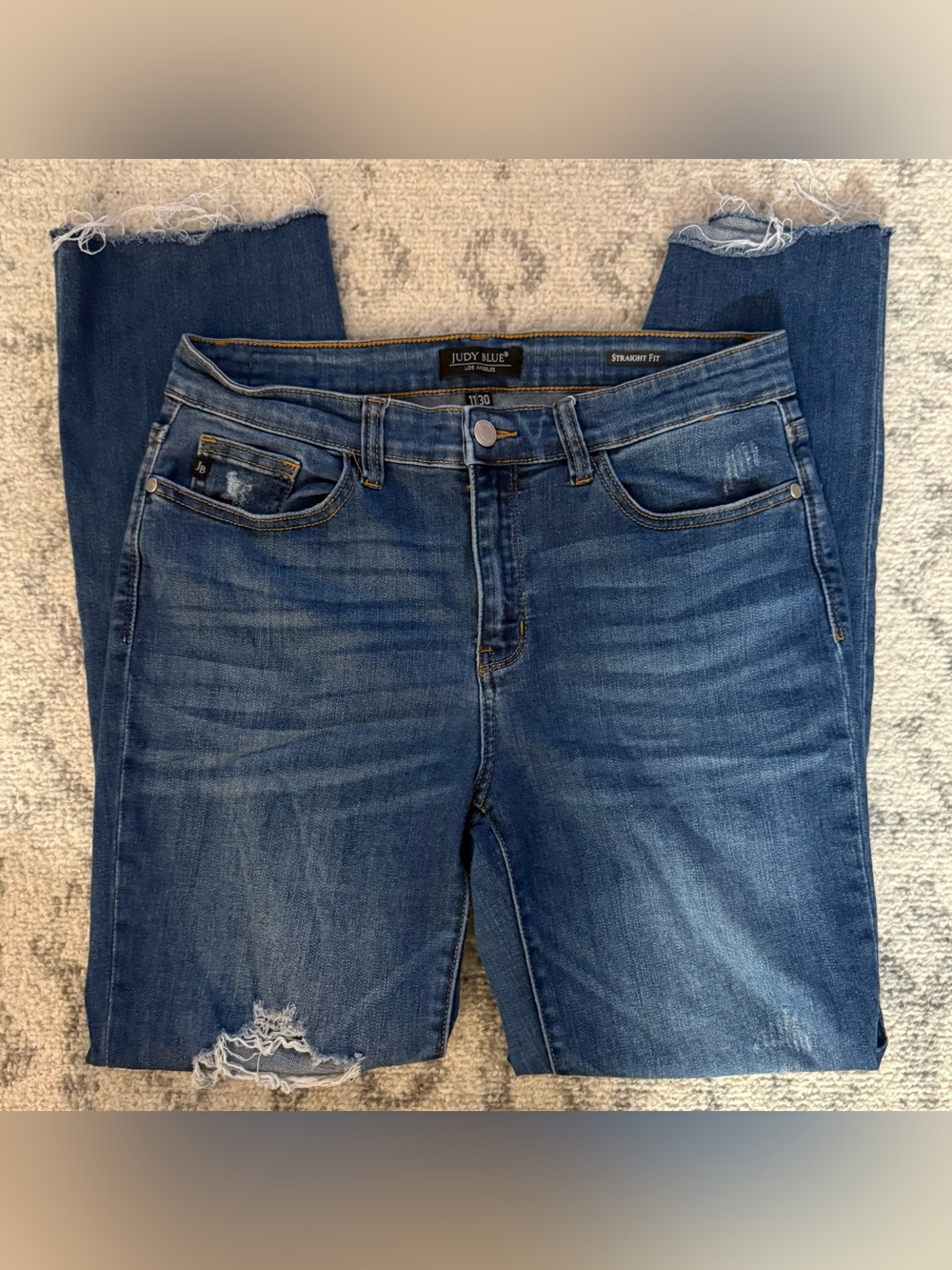 Judy Blue Distressed Mid-Rise Straight Fit Jeans - Dark Blue Wash
